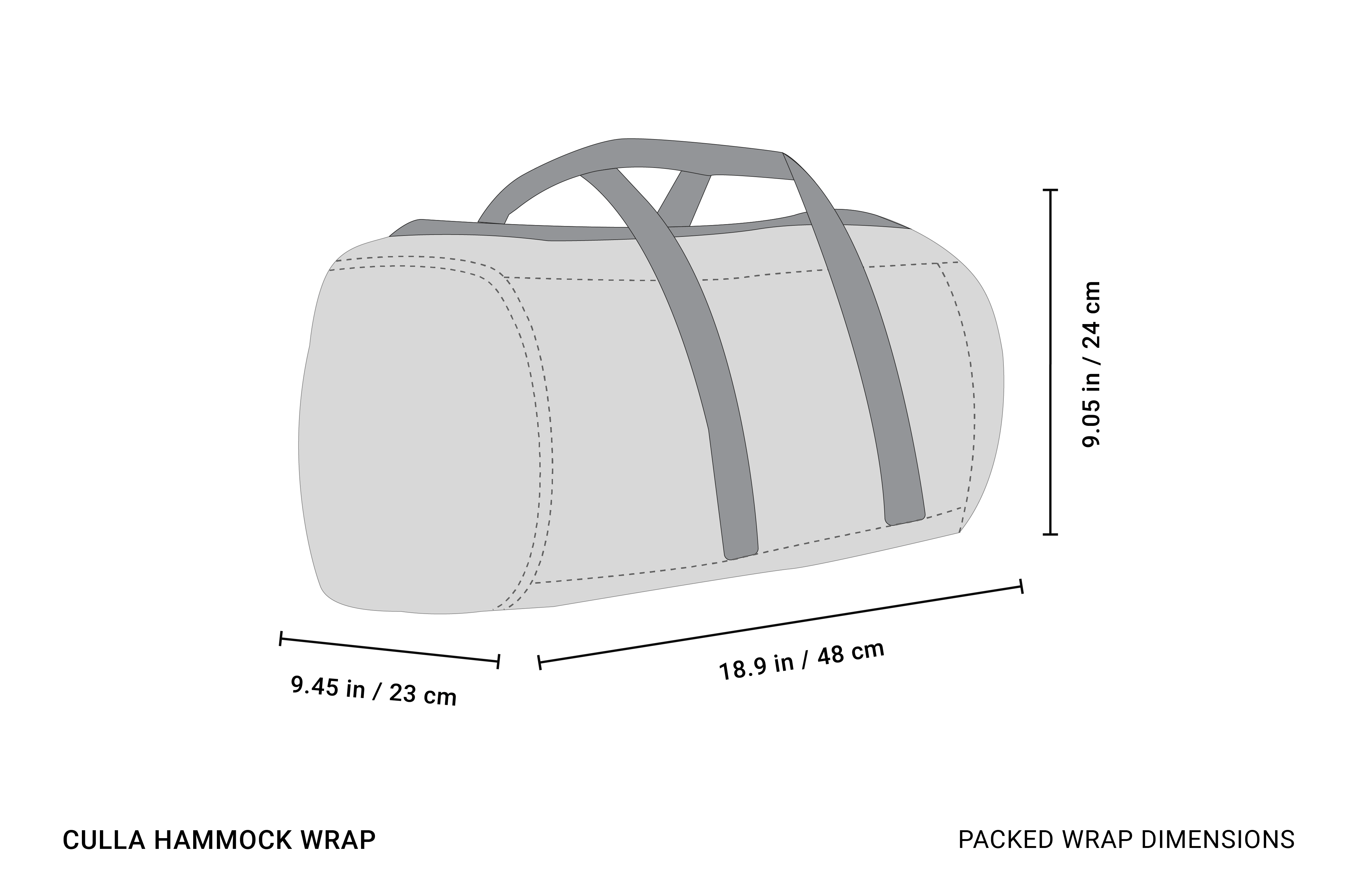 Infographic showing the packed bag dimensions of the Crua Culla Hammock Wrap for compact storage and portability.