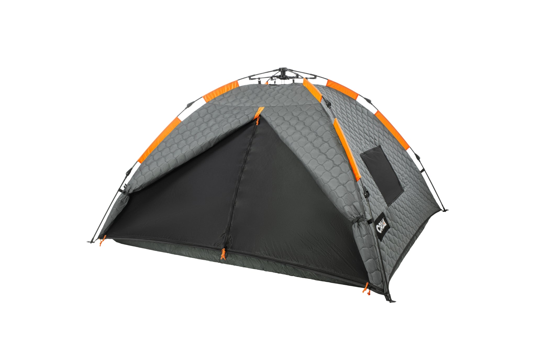 "Crua Culla Maxx insulated inner tent at a 15-degree angle with the front door open and bug mesh door closed, demonstrating airflow and insect protection."