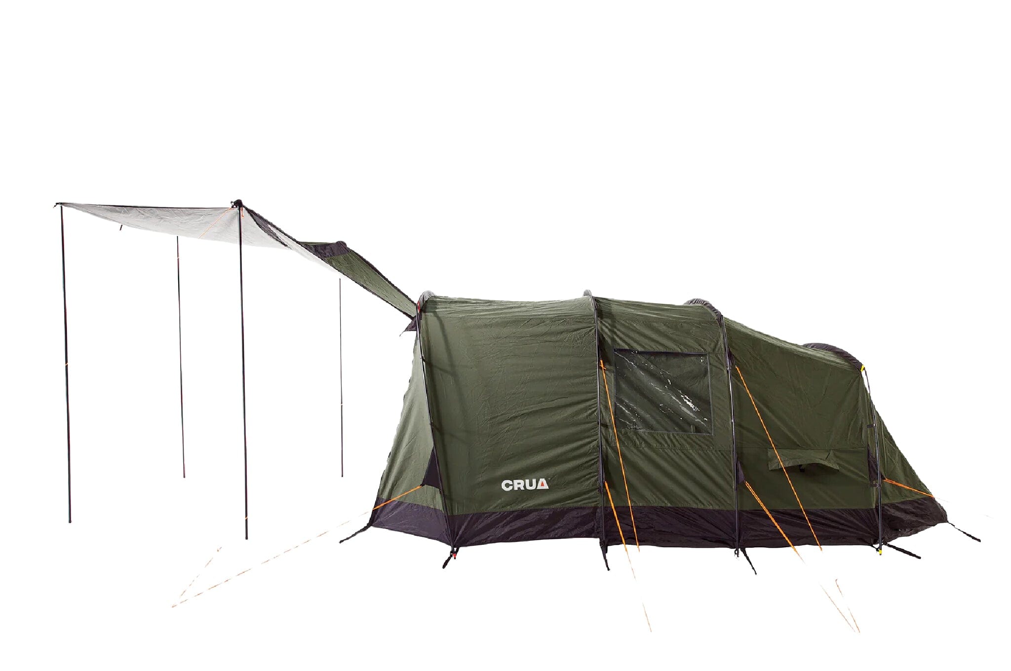 Side profile of the Crua Tri winter tent with extended awning, designed for cold-weather camping.