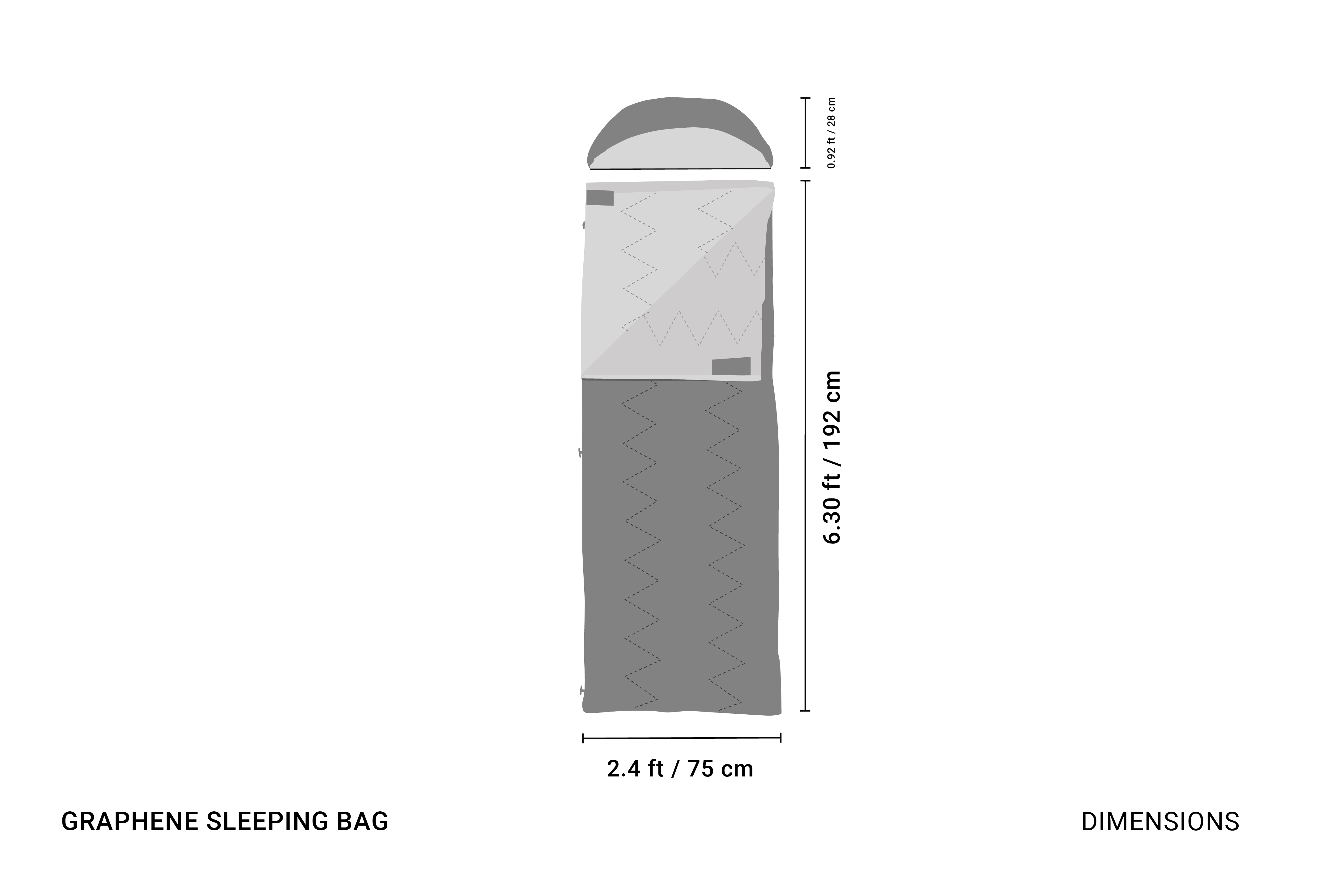 Graphical drawing of Crua Graphene Sleeping Bag dimensions also showing hood individual height.