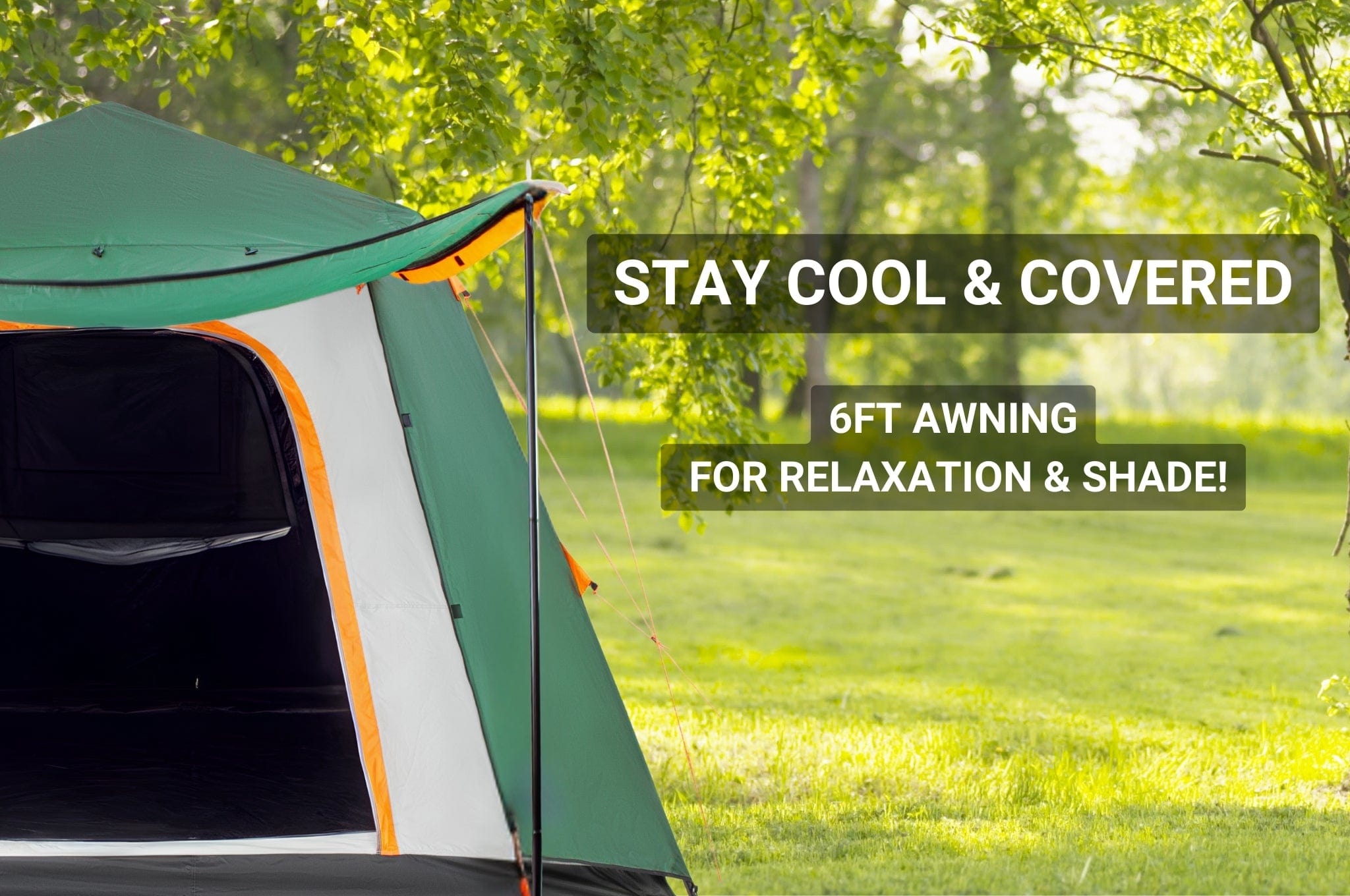 "Crua Noir 6 tent with Full Flysheet and awning extended, set against a sunny grassy background, emphasizing shade and relaxation benefits."