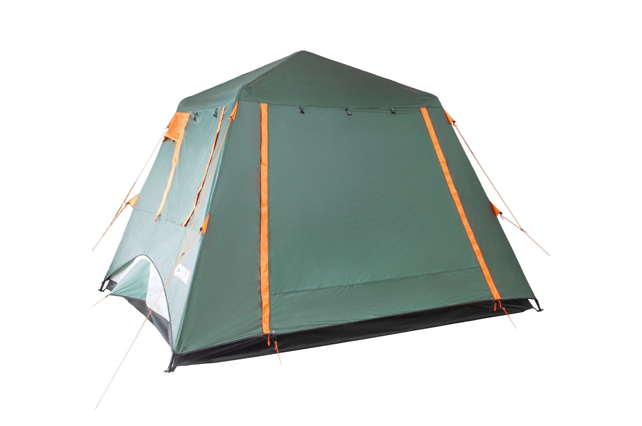 "Crua Noir 6 tent with Full Flysheet installed, shown at a 15-degree angle from the opposite side, with the door zipped down for complete enclosure and protection."