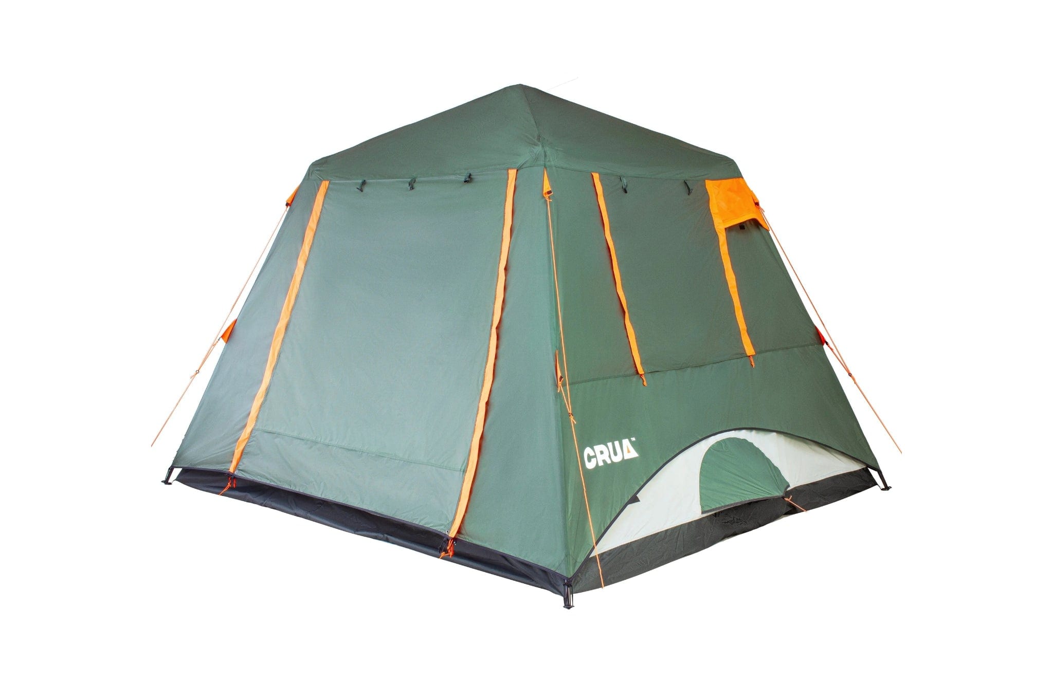 "Crua Noir 6 tent with Full Flysheet installed, shown at a 45-degree angle with the door zipped down for maximum weather protection and privacy."
