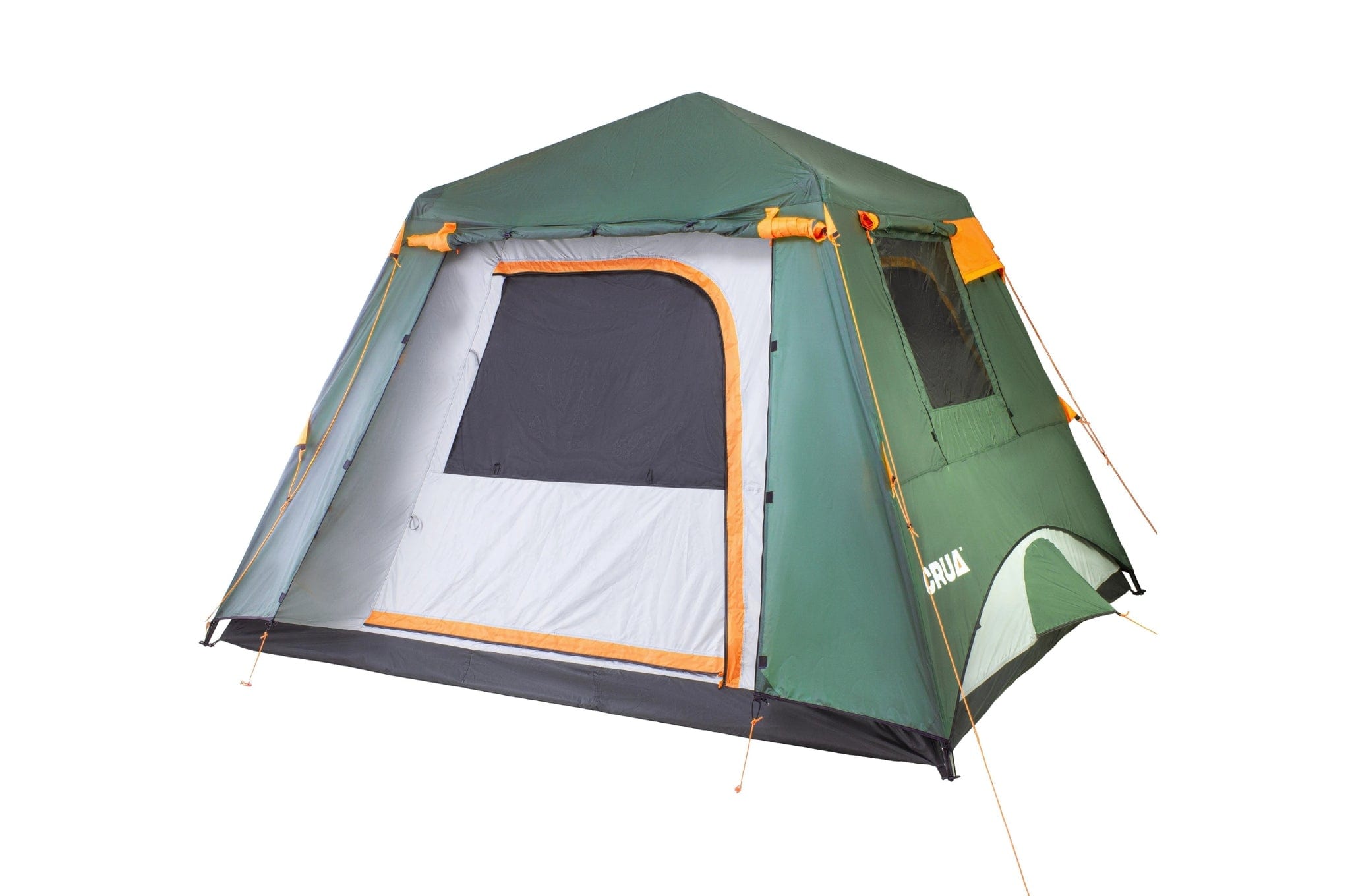 "Crua Noir 6 tent with Full Flysheet installed, shown at a 15-degree angle with the door rolled up for ventilation and easy access."