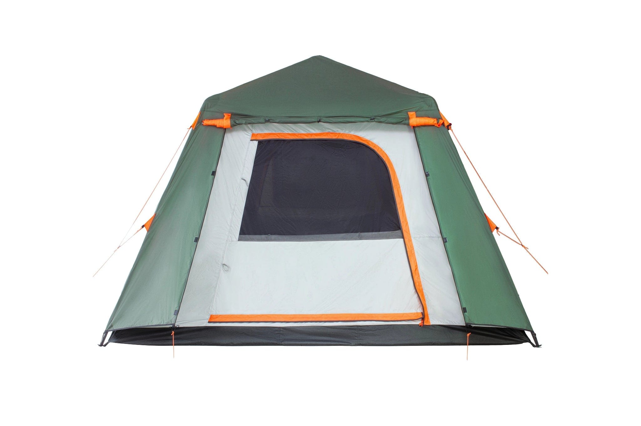 "Front view of the Crua Noir 6 tent with Full Flysheet installed, door rolled up, showcasing accessibility and airflow."