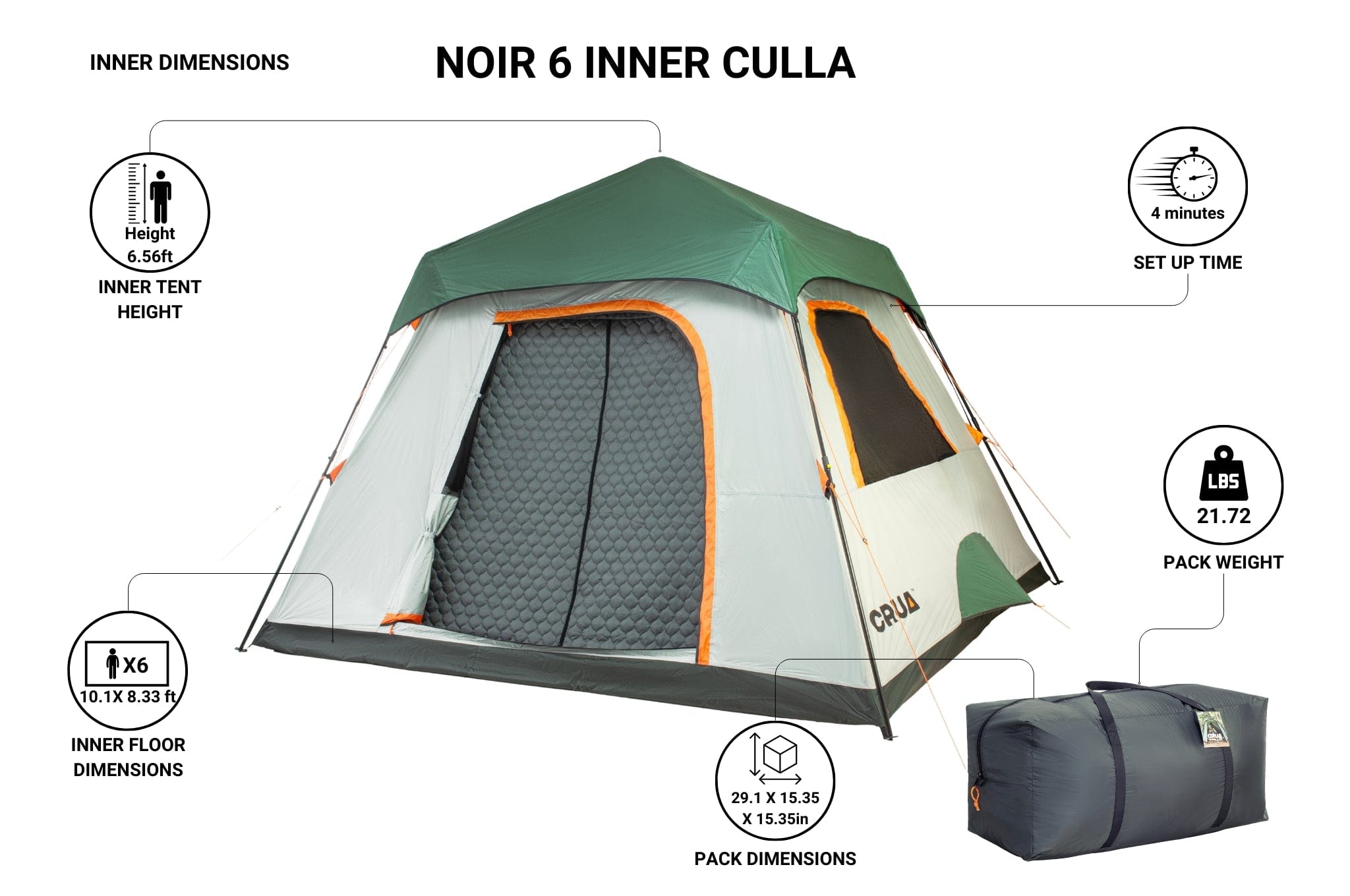 "Infographic displaying the dimensions of the Crua Noir 6 Inner Culla, along with storage bag size for compact packing and transport."